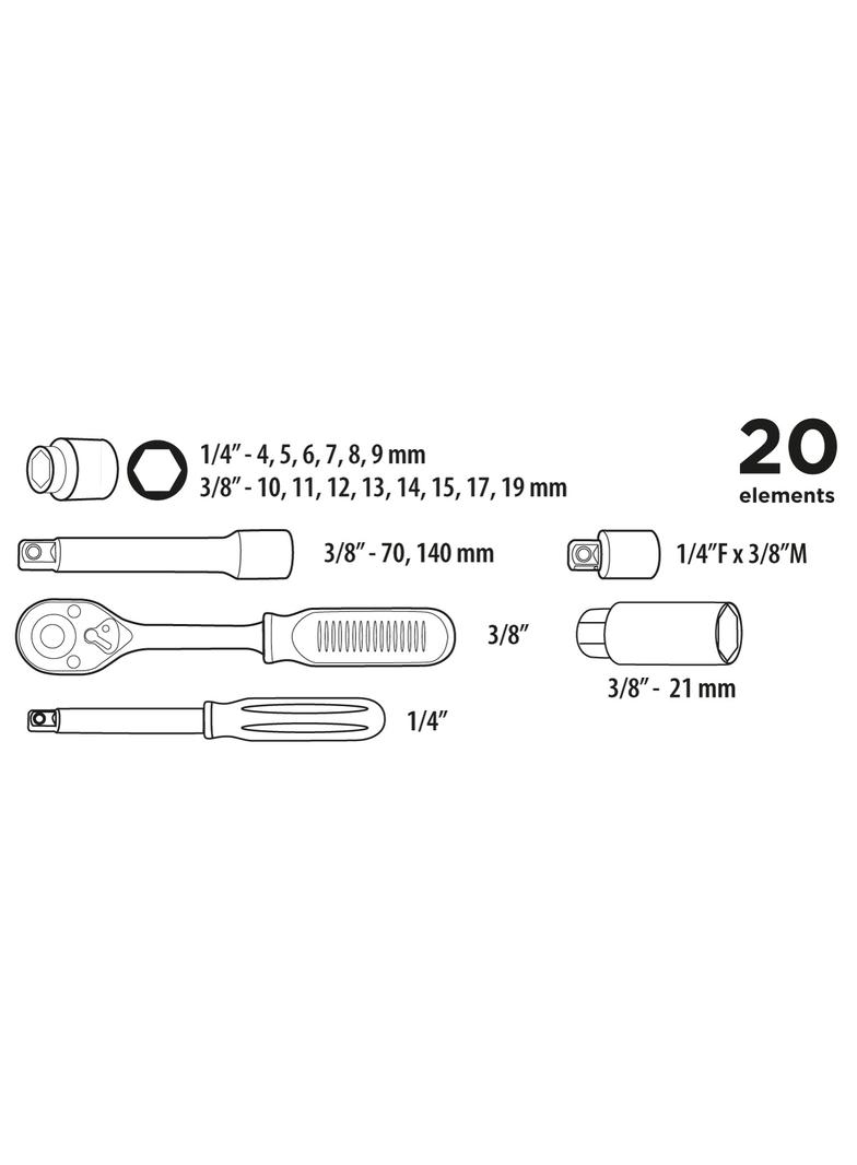 Zestaw kluczy nasadowych 1/4", 3/8", 20 szt.