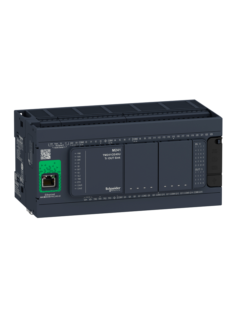Modicon M241, sterownik, RJ45, Ethernet, 24 wejść, 4 wyjścia tranzystorowe PNP, 12 wyjść przekaźniko