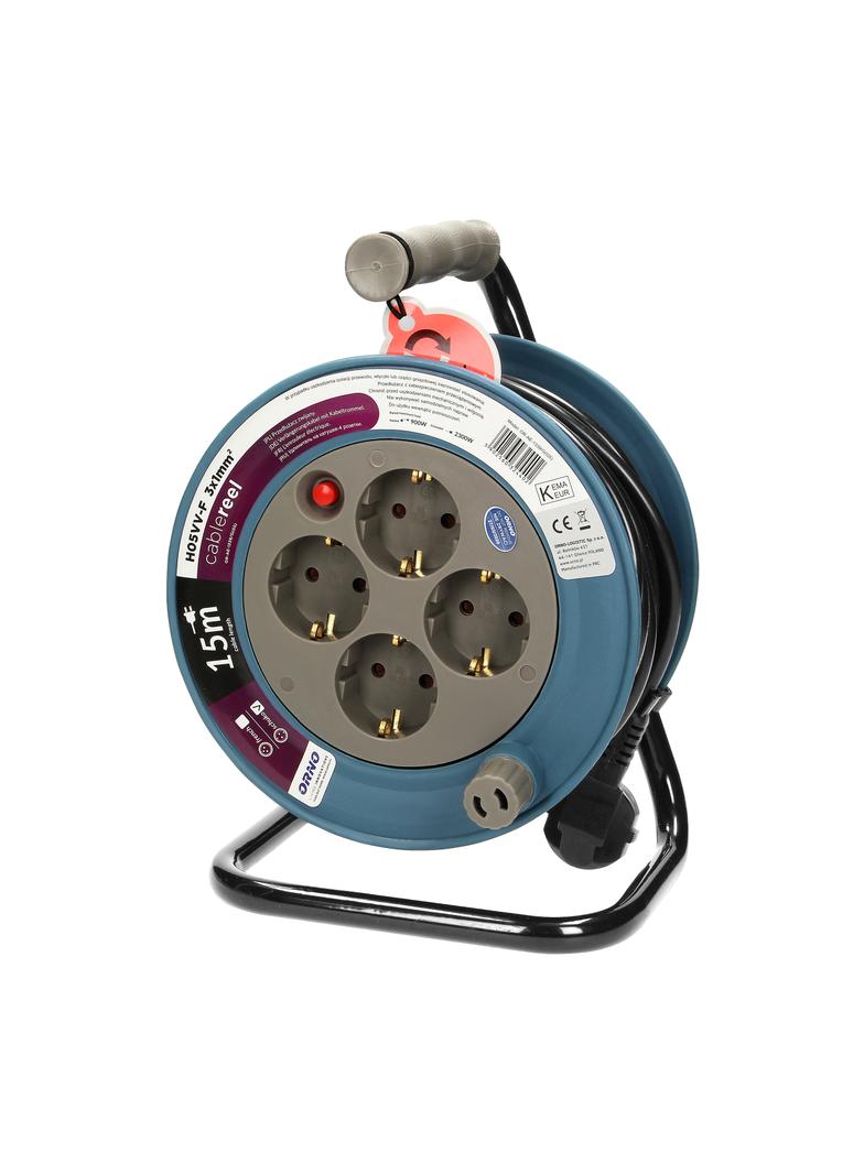 Przedłużacz bębnowy MINI 4 gniazda (Schuko) metalowy stojak polwinit H05VV-F 3x1mm2 długość15m szary