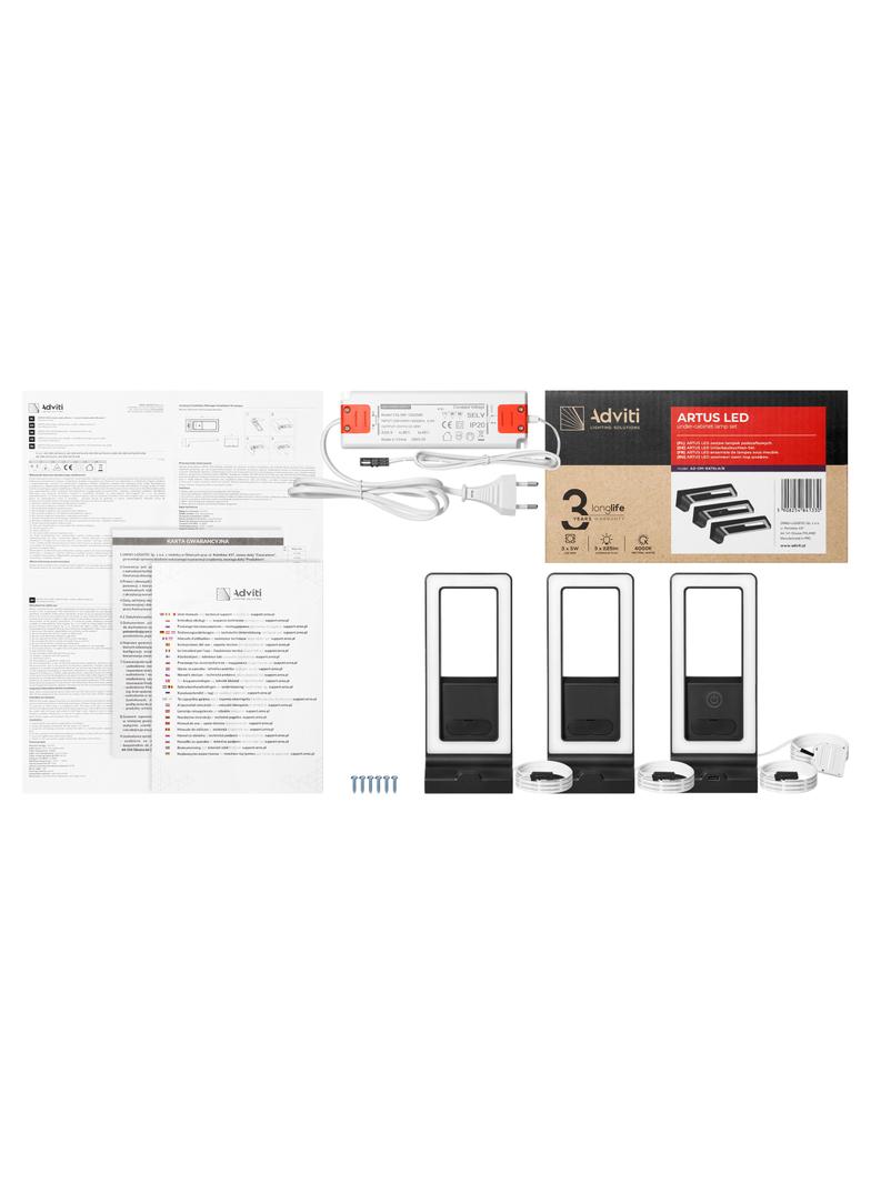 ARTUS zestaw 3 lamp podszafkowych LED, 3x3W, 3x225lm, 4000K, z włącznikiem dotykowym i USB, czarne