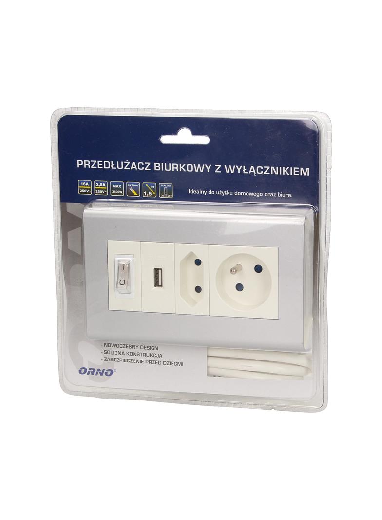 Przedłużacz biurkowy 1 gniazdo 1 gniazdo 2P/II 1xUSB wyłącznik ON/OFF ładowarka USB przewód 3x1mm2 -