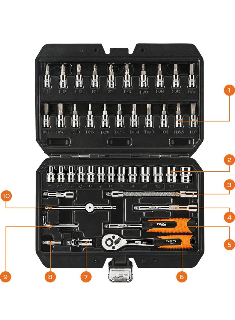 Klucze nasadowe 1/4", zestaw 46 szt., CrV
