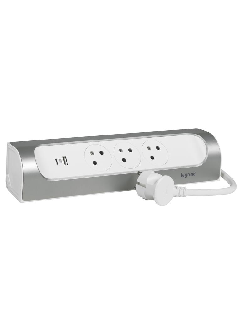 PRZEDŁUŻACZ NAROŻNY 3X2P+Z, USB A+C, Z PRZEWODEM 1.0 METRA 3X1.5 MM2 - BIAŁY/ALUMINIUM, Legrand