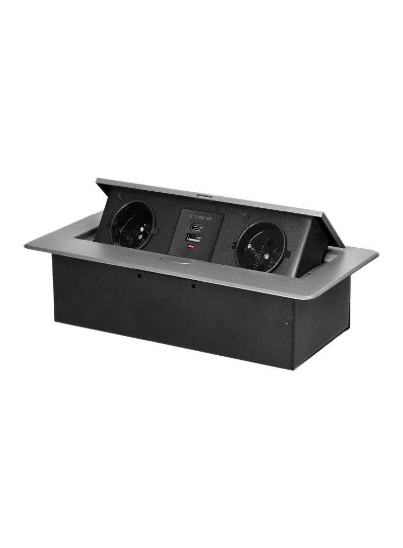 Gniazdo meblowe wpuszczane w blat z płaskim frezowanym rantem i ładowarką USB, 2x2P+Z, 2xUSB (typ A+