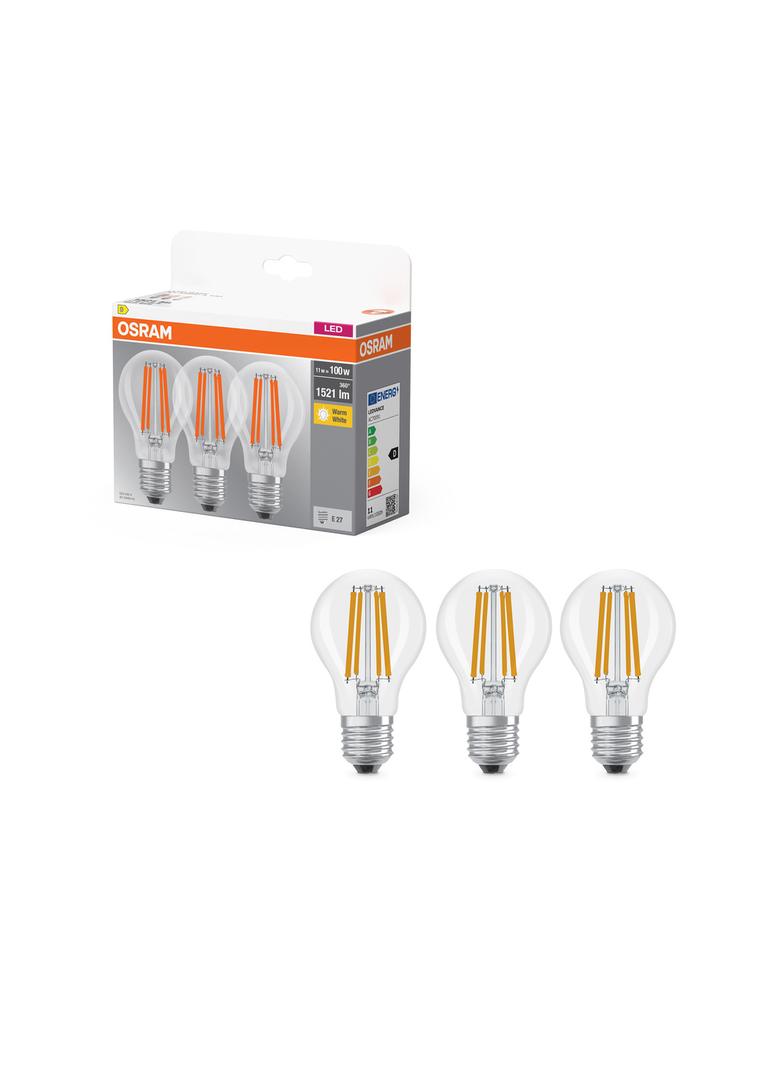 Żarówka LED x3 A60 E27 11W = 100W 1521lm 2700K Ciepła 320° Filament BASE Osram
