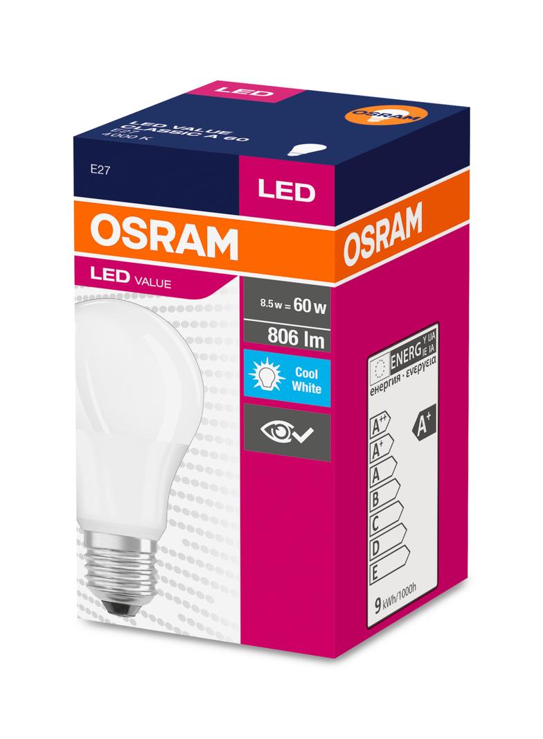 Żarówka LED A60 E27 8.5W = 60W 806lm 4000K Neutralna 200° VALUE CLASSIC Osram