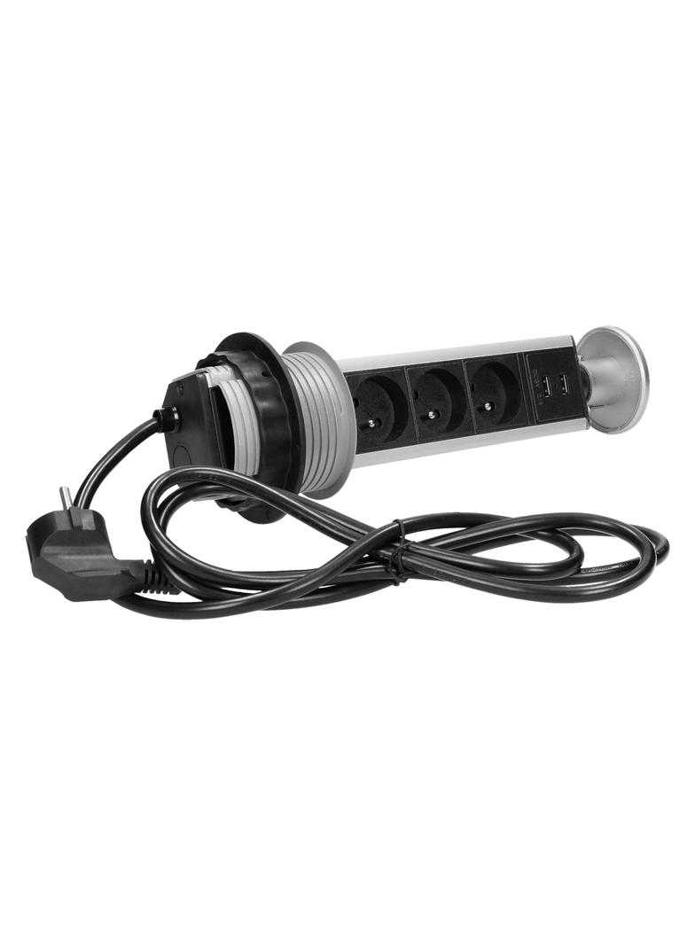 Gniazdo meblowe O8cm wysuwane z blatu z ładowarką USB i przewodem 1,8m, 3x2P+Z, 2xUSB