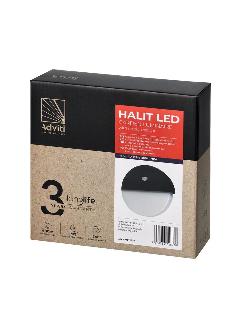 HALIT LED 10W oprawa ogrodowa z czujnikiem ruchu 140st 600lm IP65 4000K IK10 czarna AD-OP-6116BLPMR4 ORNO