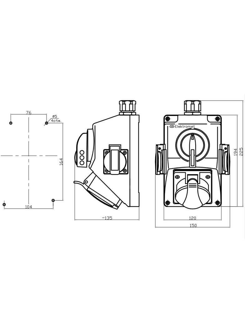 Zestaw C32-18.2N Włącz-wyłącz 0-I Gniazdo 3P+N+Z, 2 x 2P+Z IP-54; przystosowane do zamknięcia na kłó