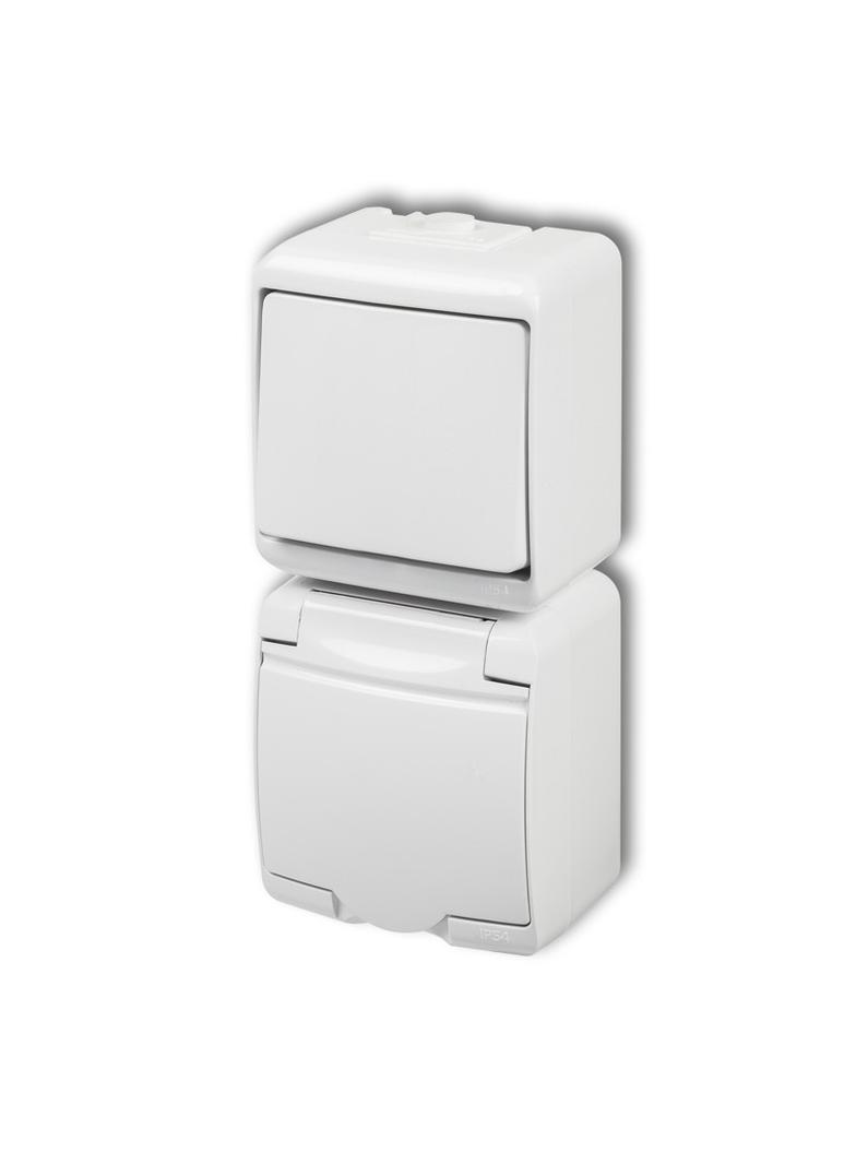JUNIOR Łącznik jednobiegunowy z gniazdem pojedynczym z uziemieniem 2P+Z (klapka biała; bez przesłon)