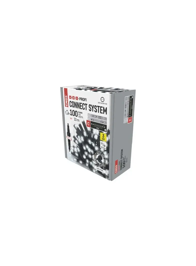 Oświetlenie łączone Profi - łańcuch 100 LED 10m zimna biel, czarny przewód, IP44, timer
