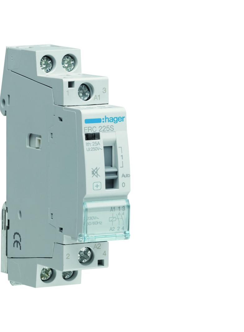 Stycznik modułowy cichy z możliwością sterowania ręcznego 230V AC 2Z 25A AC-7A B ERC225S HAGER