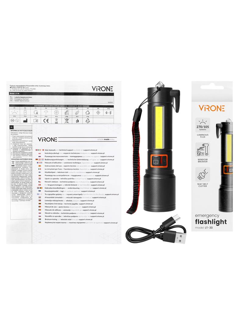 Latarka LED, 270/105lm, 1200mAh, przecinak do pasów, młotek bezpieczeństwa