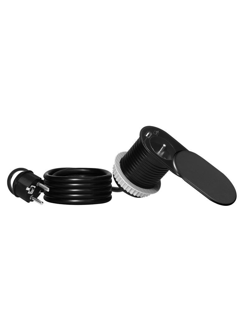 Gniazdo meblowe O6cm, wpuszczane w blat z przesuwną pokrywką, ładowarką USB i przewodem 1,9m, 1x2P+Z