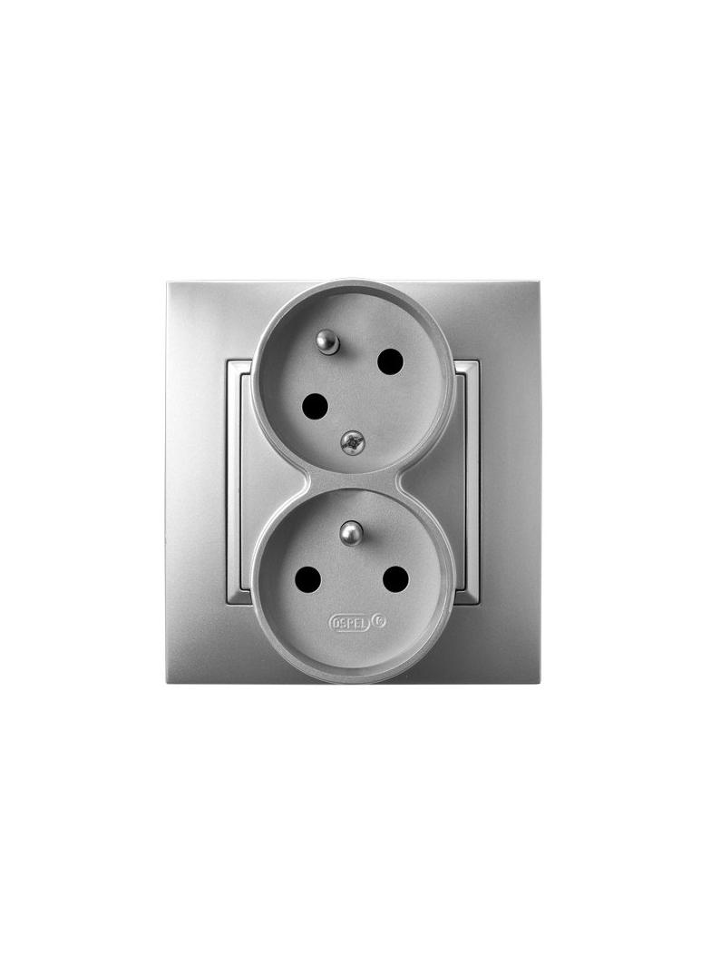 ARIA Gniazdo podwójne z uziemieniem z funkcją niezamienności faz, kompletne z ramką - kolor srebro