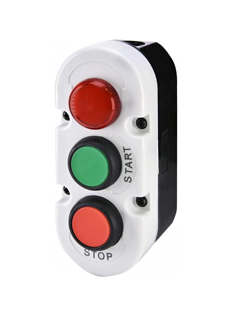 ESE3-V8 - Kaseta szaro-czarna, 2 płaskie przyciski 1NO zielony, 1NC czerwony, lapka 240VAC czerwona