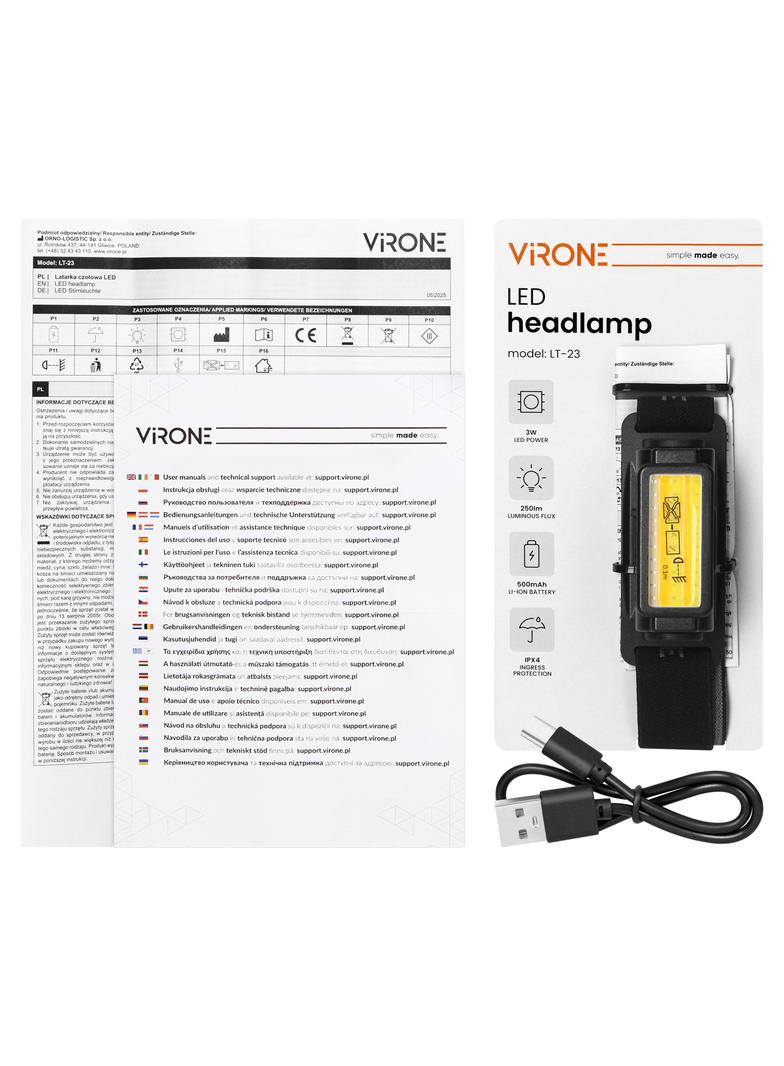 Latarka czołowa LED, 250lm, 500mAh, CCT, ruchoma głowica