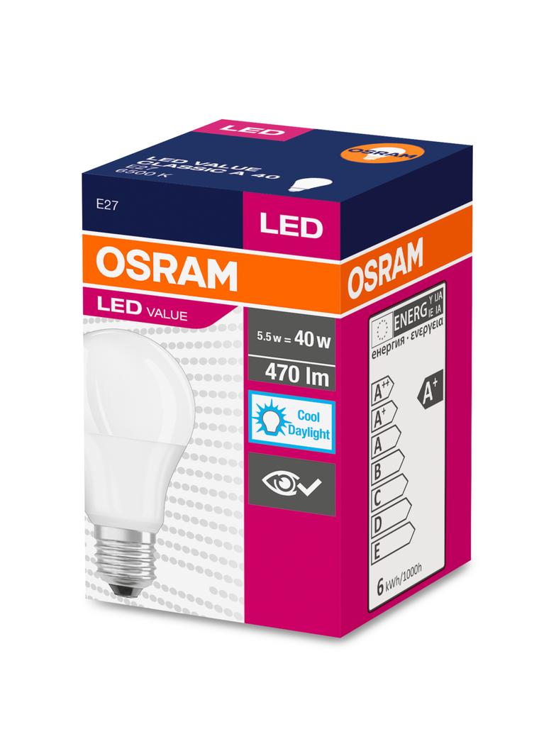 Żarówka LED A55 E27 4.9W = 40W 470lm 6500K Zimna 200° VALUE CLASSIC Osram