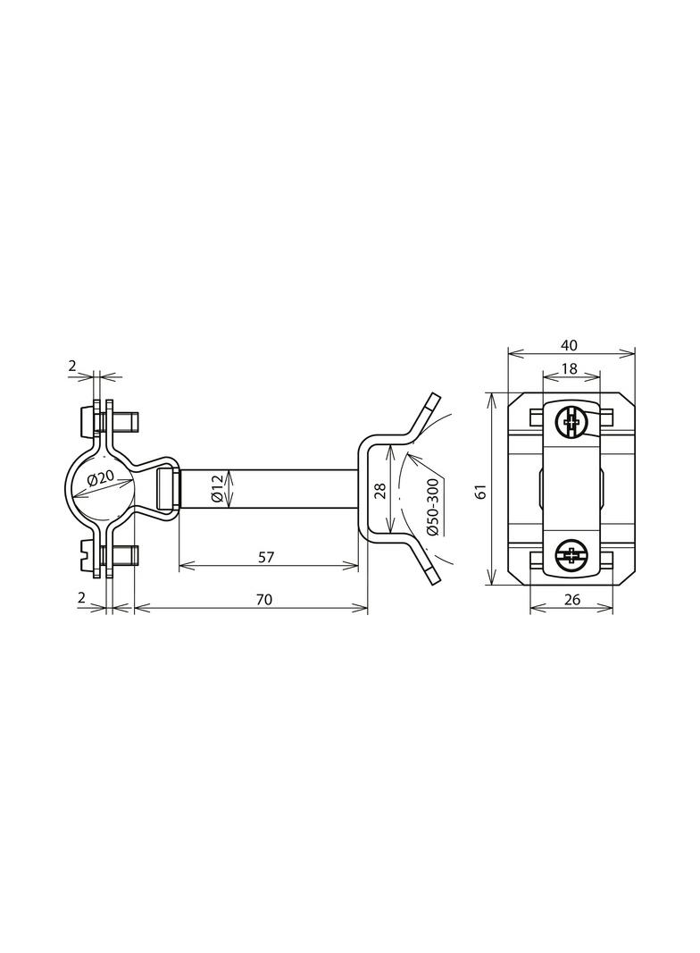 Wspornik HVI-Ex P70 ze stali nierdzewnej NIRO, fi 20 mm, AS 70 mm, z obejmą taśmową do rur 50-300 mm