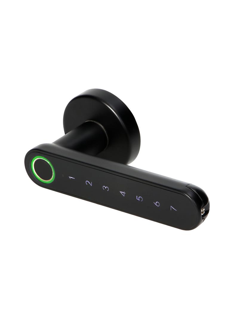 Klamka szyfrowa z klawiaturą dotykową. Otwierana na PIN z czytnikiem linii papilarnych oraz telefon