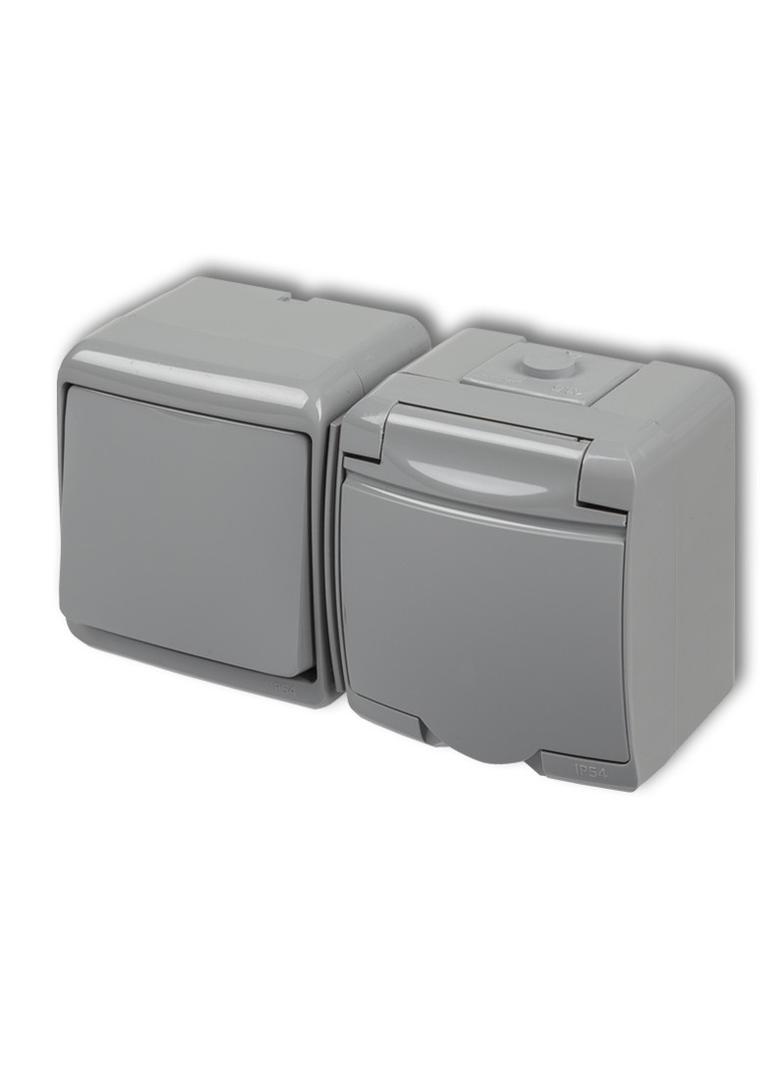 JUNIOR Łącznik jednobiegunowy z gniazdem pojedynczym z uziemieniem 2P+Z (klapka popielata; przesłony