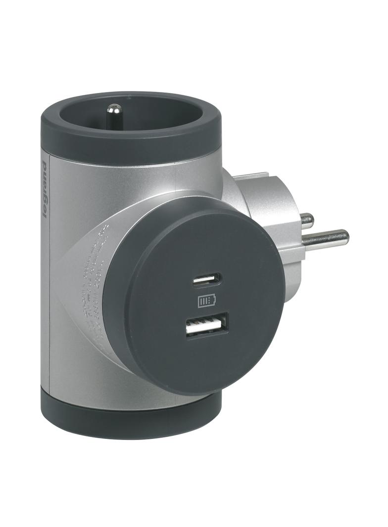 ROZGAŁĘŹNIK OBROTOWY 2X2P+Z, USB A+C - ALUMINIUM/GRAFITOWY, Legrand