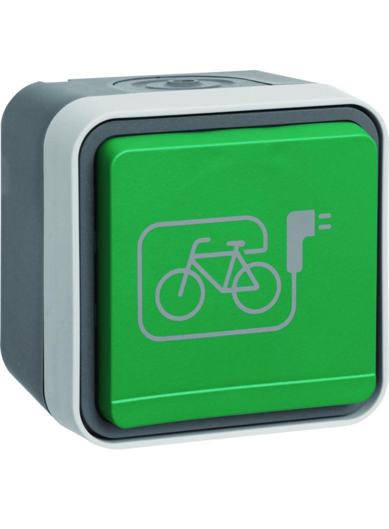 W.1 Gniazdo z/u SCHUKO z zieloną pokrywą z symbolem e-bike szary mat Berker 47403533 WNC195 HAGER