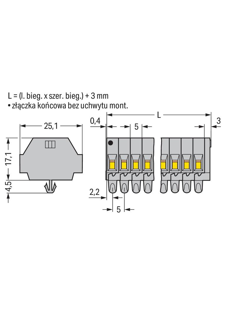 listwa zaciskowa 2-przewodowa 1,5mm2 9-torowa szara stopki montażowe /50szt./ WAGO
