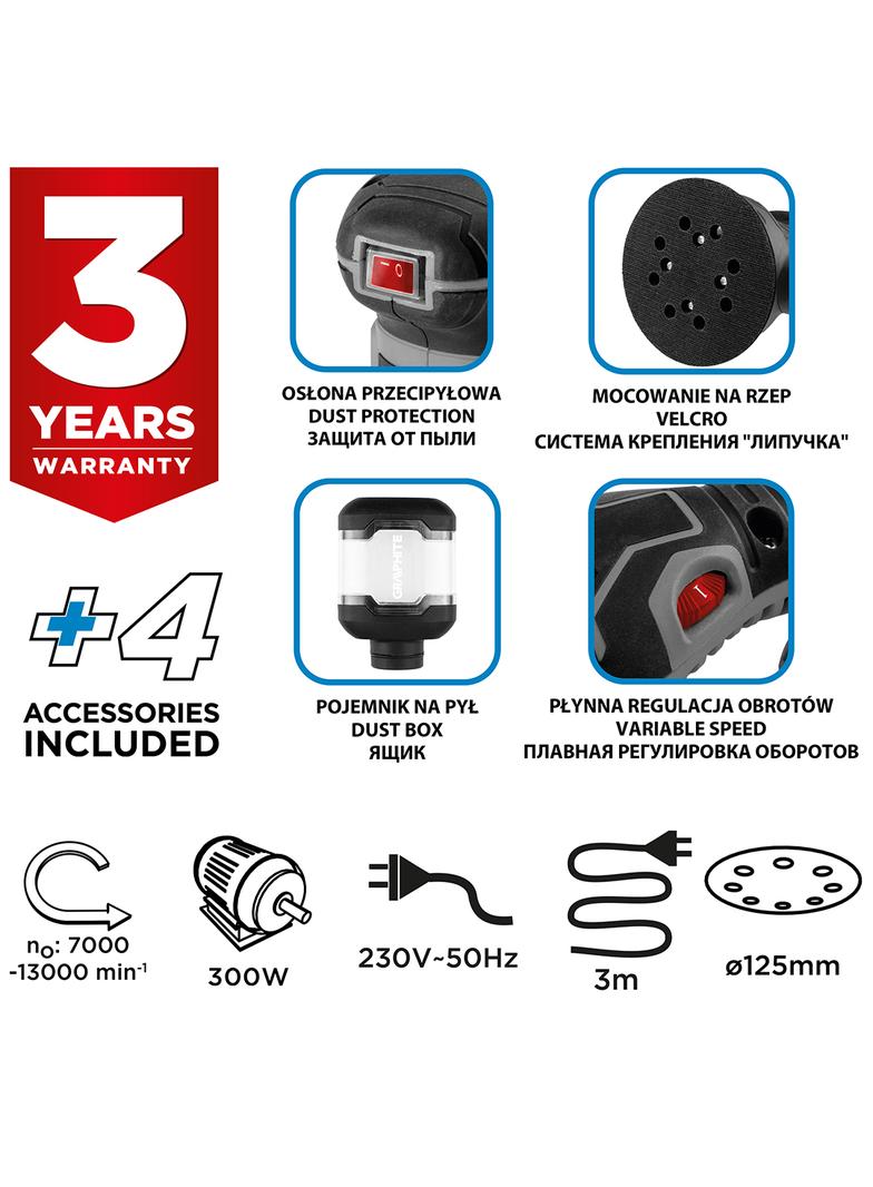 Szlifierka mimośrodowa 300W, stopa 125 mm