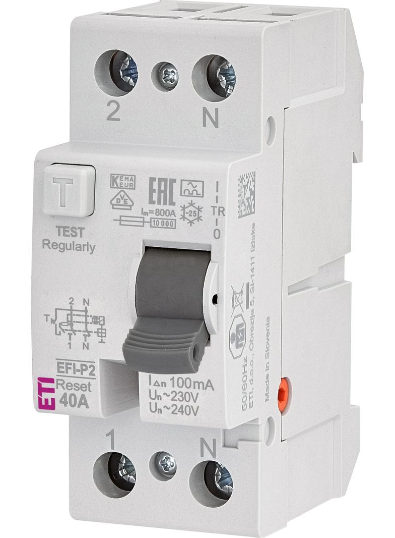 Wyłącznik różnicowoprądowy - z funkcją Reset EFI-P2R A 40/0.1 1P+N 40A 100mA Typ A 002061472 ETI