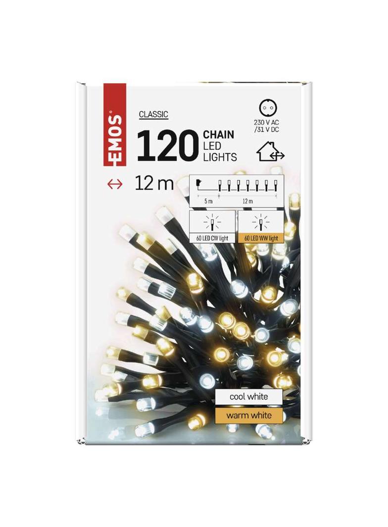 Lampki choinkowe Classic 120 LED 12m ciepła + zimna biel zielony przewód IP44 timer D4AN05 EMOS