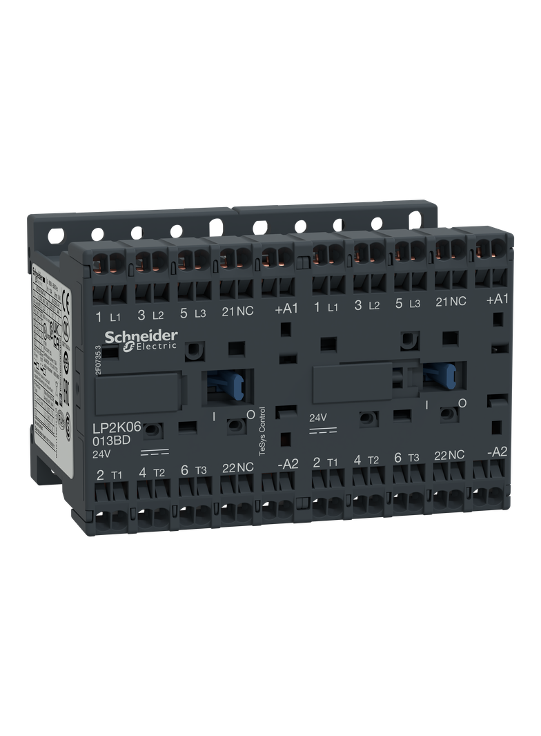 Stycznik nawrotny, TeSys K, 6A, 3P, 1NC, cewka 24VDC, zaciski sprężynowe