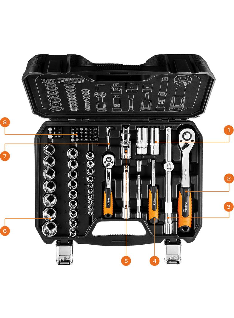Klucze nasadowe 1/2", 1/4", zestaw 73 szt., CrV