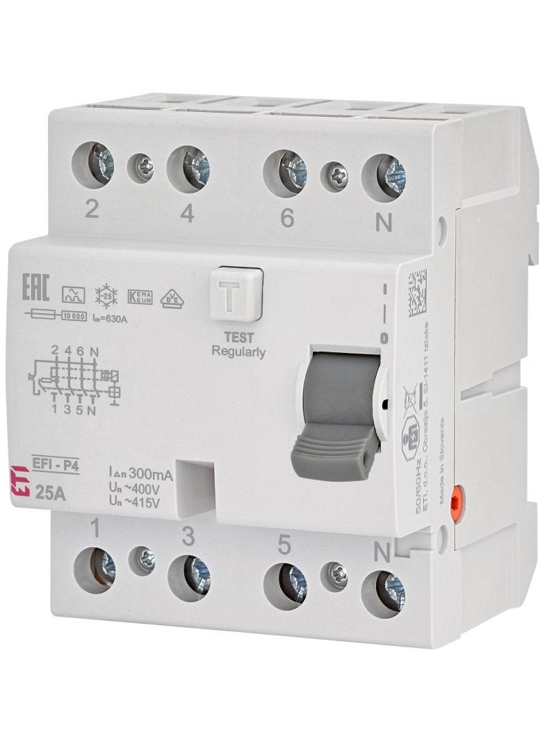 Wyłącznik różnicowoprądowy 6kA EFI6-P4 A 25/0.03 3P+N 25A 30mA Typ A 002061661 ETI