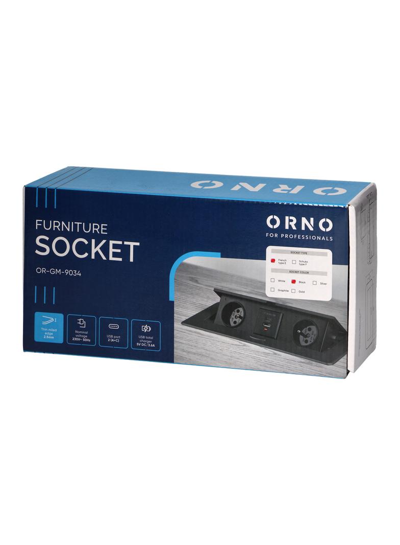 Gniazdo meblowe wpuszczane w blat z płaskim frezowanym rantem i ładowarką USB 2x2P+Z 2xUSB typ A+C OR-GM-9034/B ORNO