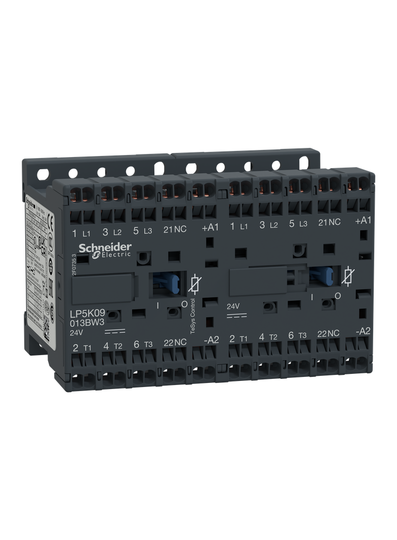 Stycznik nawrotny, TeSys K, 9A, 3P, 1NC, cewka 24VDC, zaciski sprężynowe LP5K09013BW3