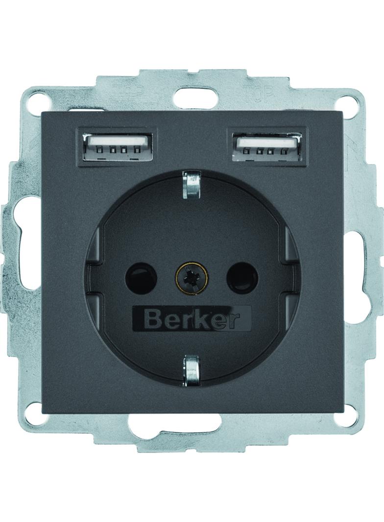 B.x Gniazdo SCHUKO z gniazdem ładowania USB 2,4 A; samozaciski; antracyt mat