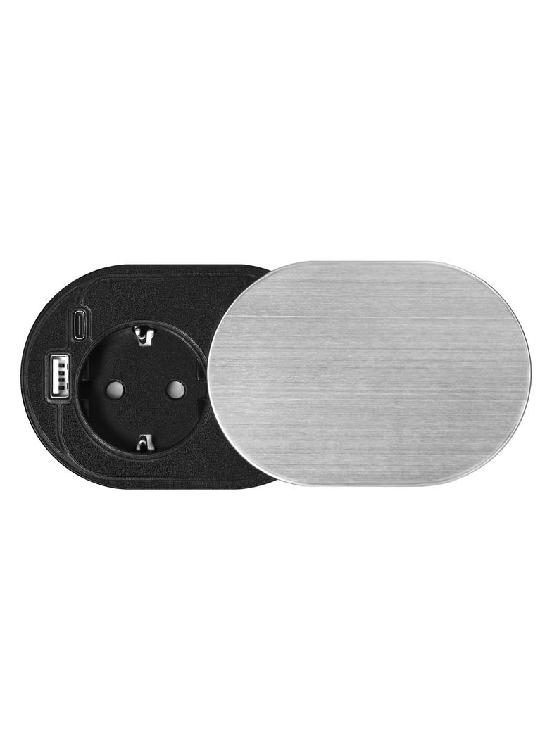 Gniazdo meblowe O6cm, wpuszczane w blat z przesuwną pokrywką, ładowarką USB i przewodem 1,9m, 1x2P+Z