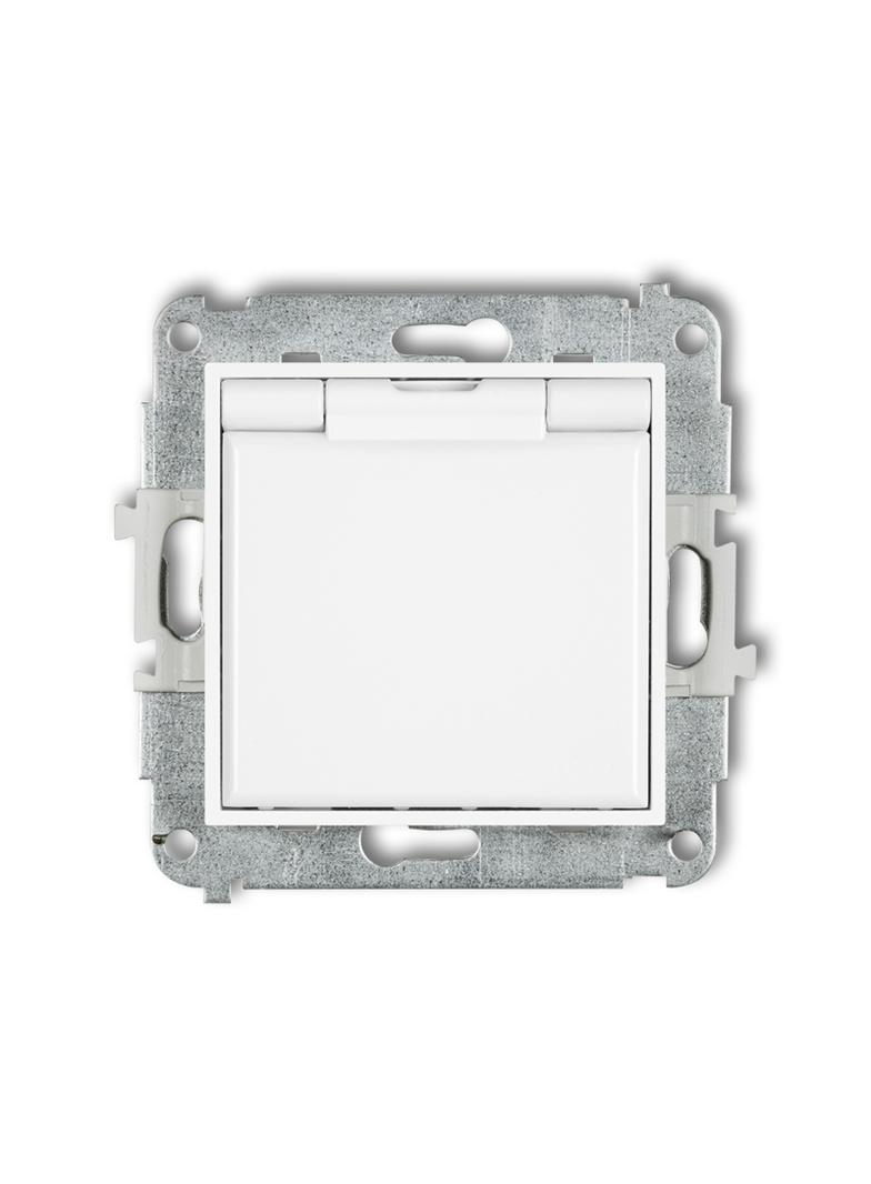 MINI Mechanizm gniazda bryzgoszczelnego z uziemieniem 2P+Z (klapka biała, przesłony torów prądowych)