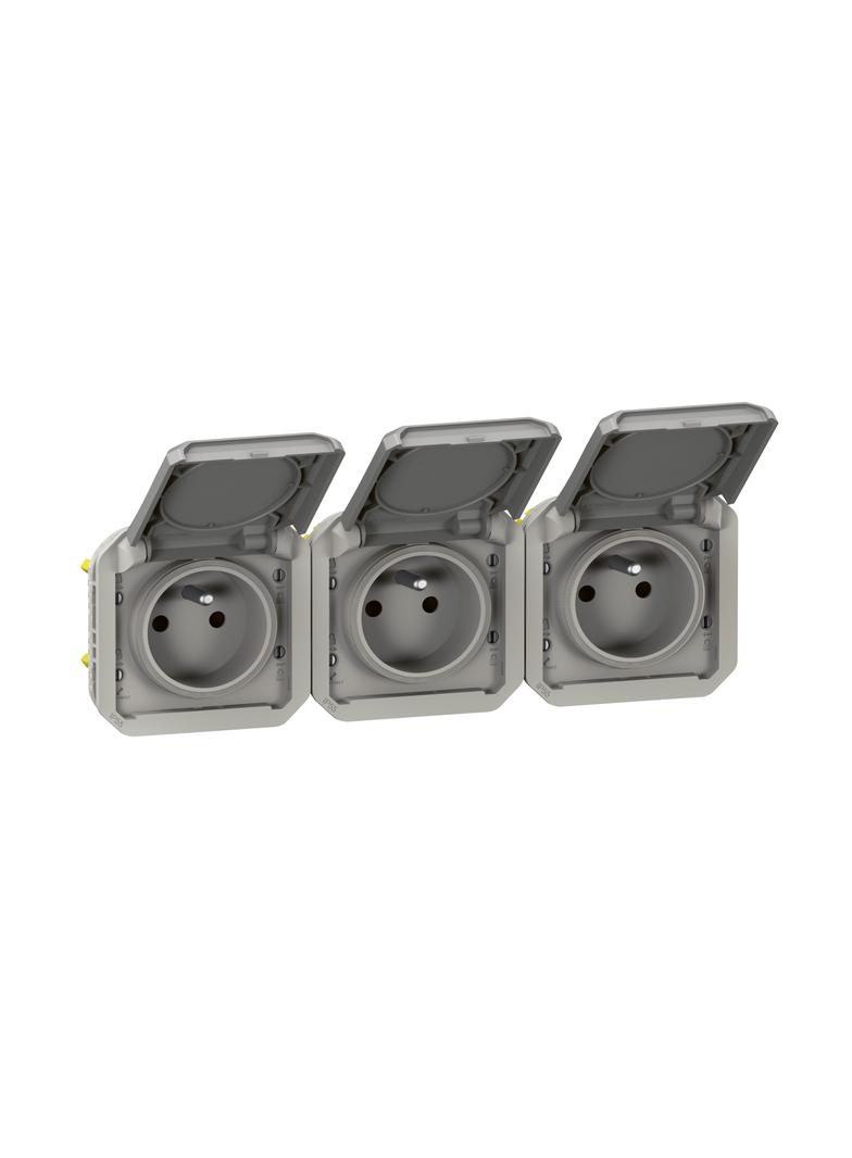 PLEXO Mechanizm gniazda potrójnego 3X2P+Z IP55 poziome komplet 16A 250V szary 069564L LEGRAND