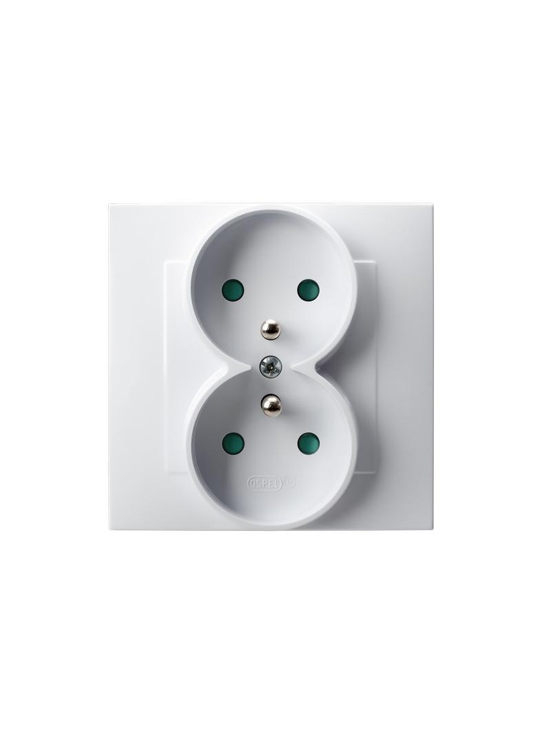 SZAFIR Gniazdo podwójne z uziemieniem z przesłonami torów prądowych, kompletne z ramką - kolor biały