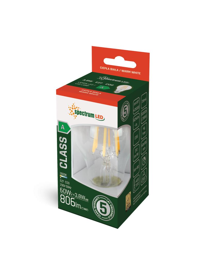 LED GLS E-27 230V 3,8W COG A-CLASS WW CLEAR SPECTRUM 5 lat gwarancji