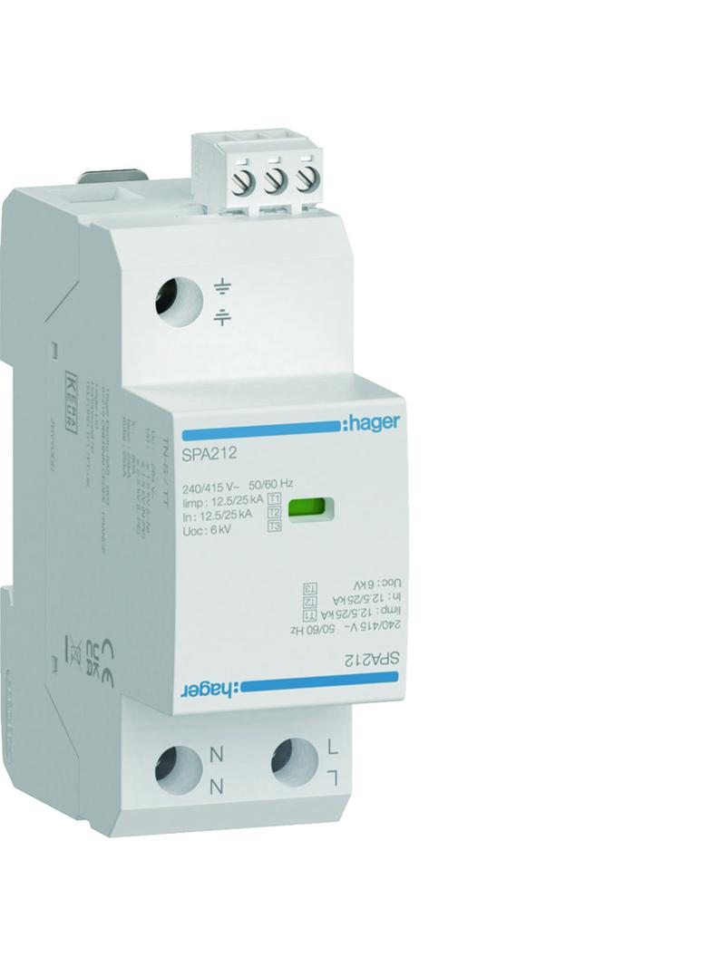 SPD Ogranicznik przepięć T1 kombinowany 2P TN-S/TT Iimp=25kA Up?1,5kV SPA212 HAGER
