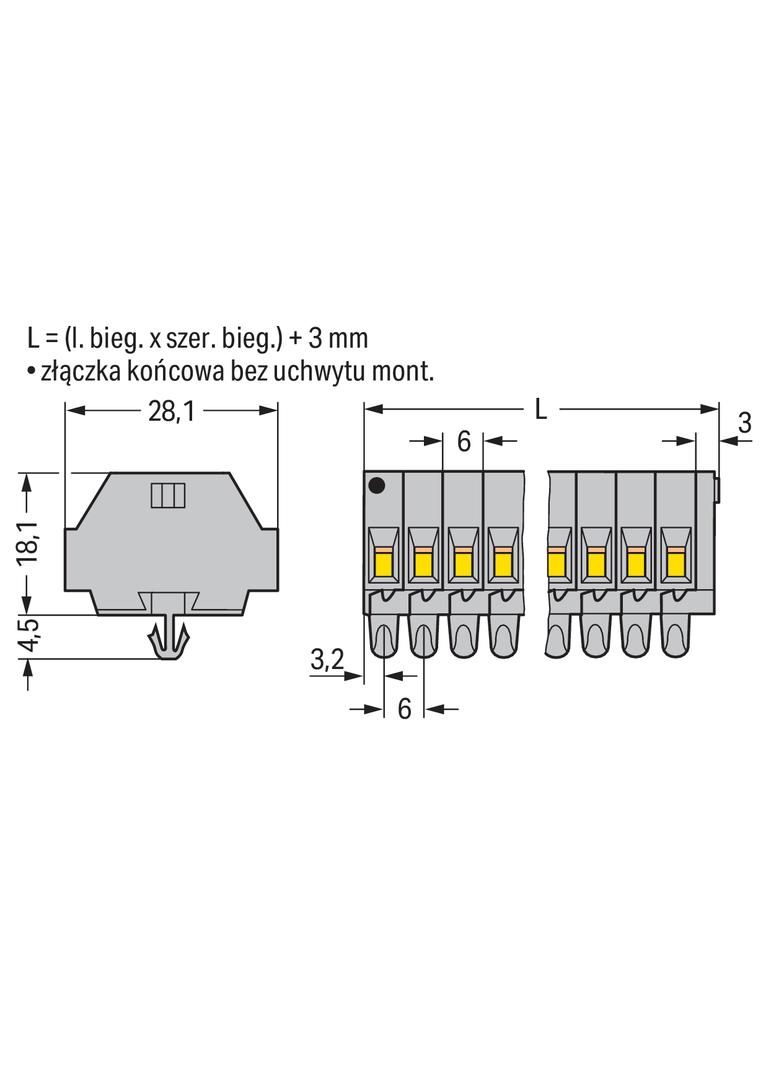 listwa zaciskowa 2-przewodowa 2,5mm2 10-torowa szara stopki montażowe /25szt./ WAGO