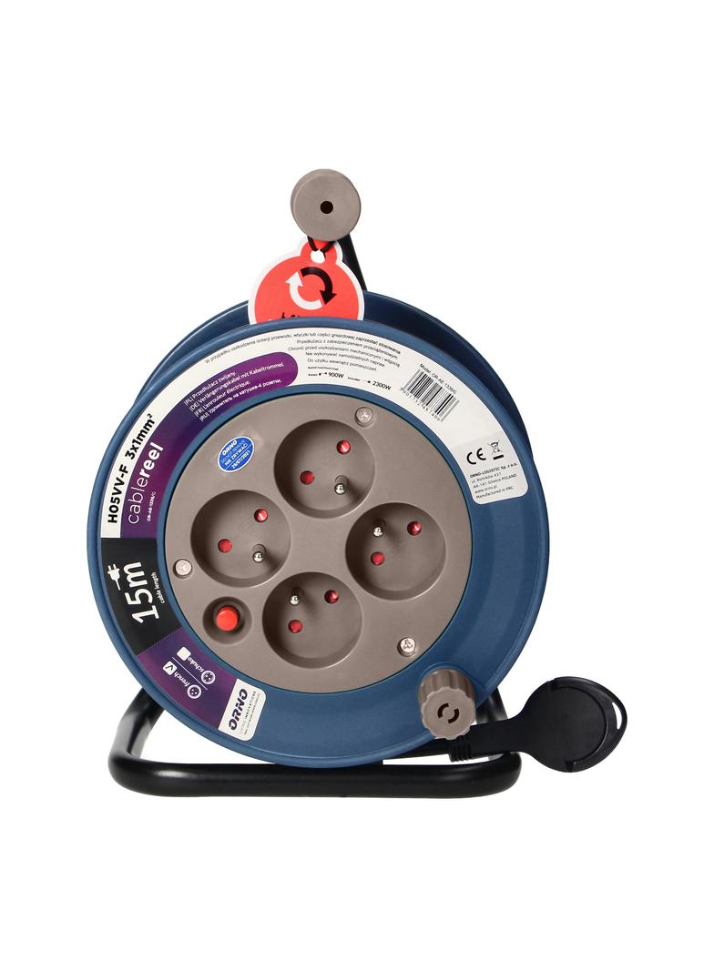 Przedłużacz bębnowy MINI, 4 gniazda 2P+Z, metalowy stojak, polwinit H05VV-F 3x1mm2 , długość 15m, szary OR-AE-1339/G ORNO