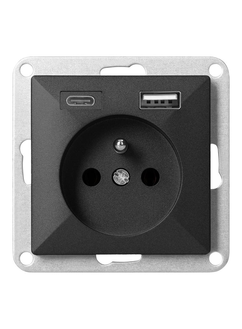 Gniazdo pojedyncze podtynkowe 2P+Z z ładowarką USB A+C Pearl, 16A, 250V, PT-16P/USB, czarny