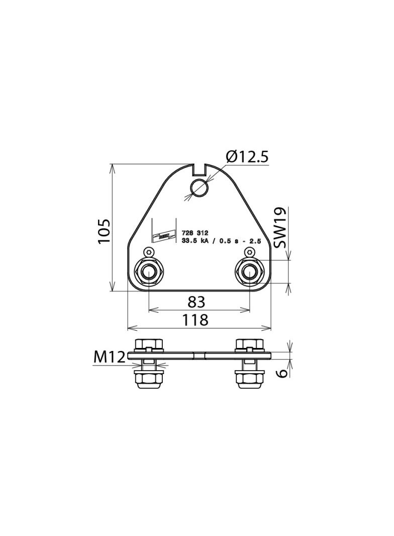 Płyta przyłączenia fazowa 2-biegunowa z otworem 13 mm i 2 śrubami M12