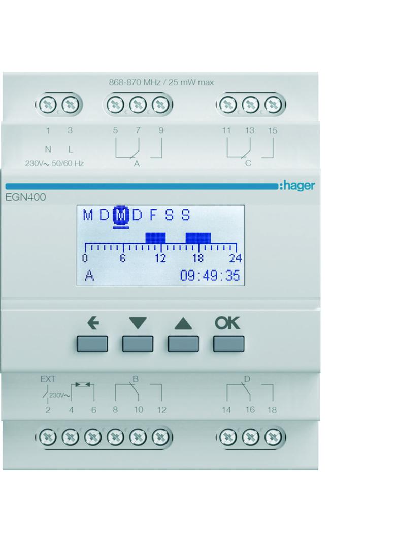Wielofunkcyjny zegar cyfrowy z Bluetooth, 16A, 4-krotny EGN400 HAGER