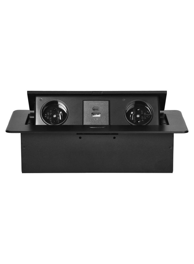 Gniazdo meblowe wpuszczane w blat z płaskim frezowanym rantem i ładowarką USB 2x2P+Z 2xUSB (typ A+