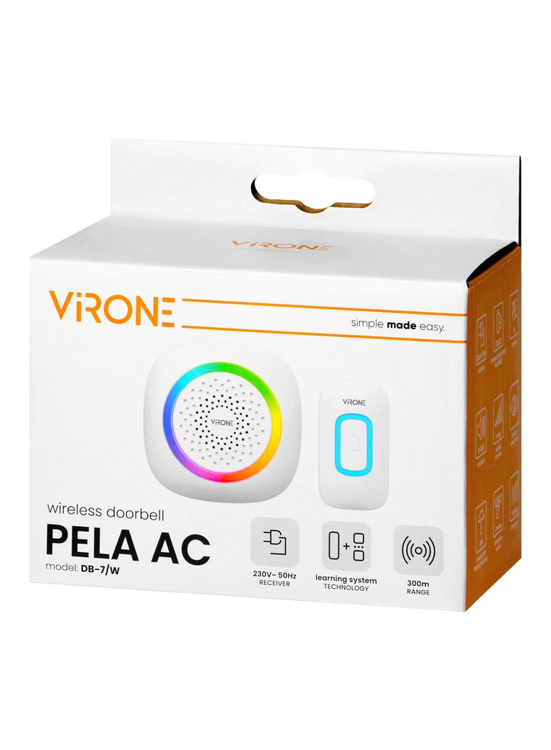 PELA AC, dzwonek bezprzewodowy sieciowy, learning system, 60 dźwięków, LED RGB, 300m, biały